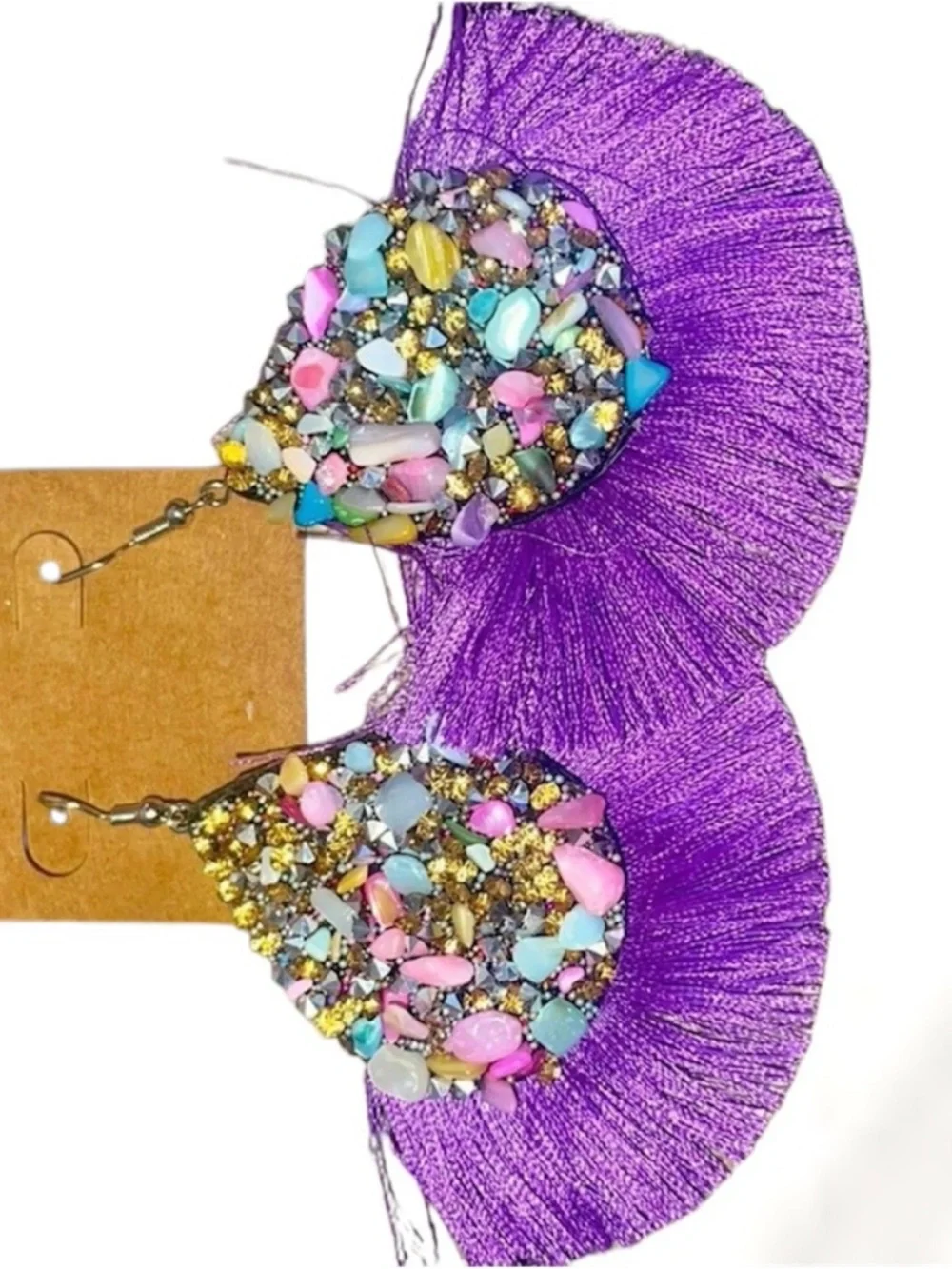 NWT Anthropologie Tassel Earrings Purple Fringe Multicolor Stone Crystals NEW